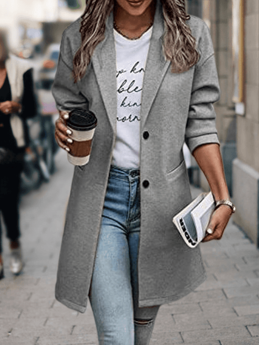 Inrosy mi-longue manteau en laine unicolore blazer boutons poches manches longues femme élégant mode veste