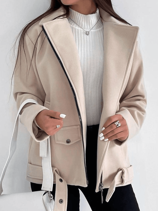 Inrosy perfecto vestes poches ceinture fermeture éclair col revers femme style boyfriend mode décontracté manteau aviateur