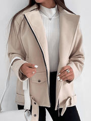 Inrosy perfecto vestes poches ceinture fermeture éclair col revers femme style boyfriend mode décontracté manteau aviateur