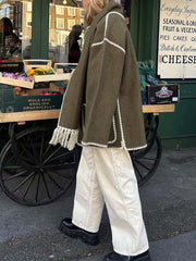 Inrosy manteau en laine veste en feutre à encolure frange écharpe boutonnage poches col rond femme élégant mode