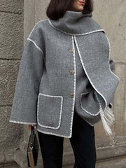 Inrosy manteau en laine veste en feutre à encolure frange écharpe boutonnage poches col rond femme élégant mode