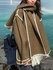 Inrosy manteau en laine veste en feutre à encolure frange écharpe boutonnage poches col rond femme élégant mode