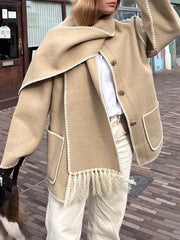 Inrosy manteau en laine veste en feutre à encolure frange écharpe boutonnage poches col rond femme élégant mode