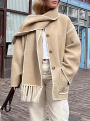 Inrosy manteau en laine veste en feutre à encolure frange écharpe boutonnage poches col rond femme élégant mode