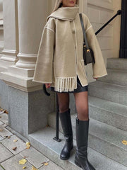 Inrosy manteau en laine veste en feutre à encolure frange écharpe boutonnage poches col rond femme élégant mode