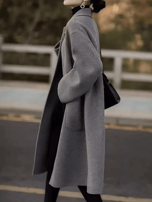 Inrosy longue manteau en laine boutonnage poches col revers manches longues femme élégant mode hiver