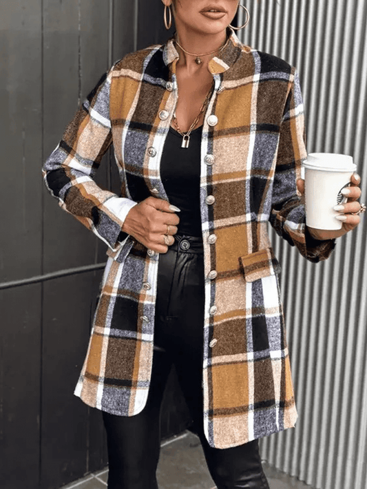 Inrosy manteau en laine officier carreaux double boutonnage poches col montant manches longues femme élégant mode