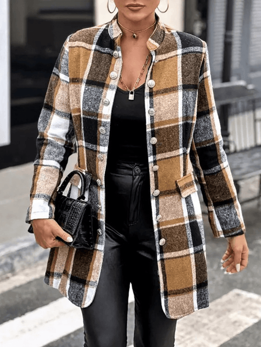 Inrosy manteau en laine officier carreaux double boutonnage poches col montant manches longues femme élégant mode