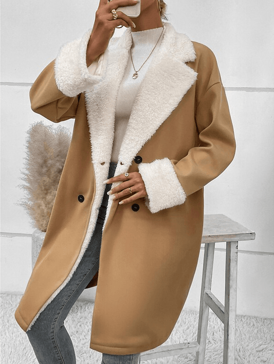 Inrosy mi-longue manteau doublé polaire double boutonnage col revers femme décontracté vêtements d'extérieur