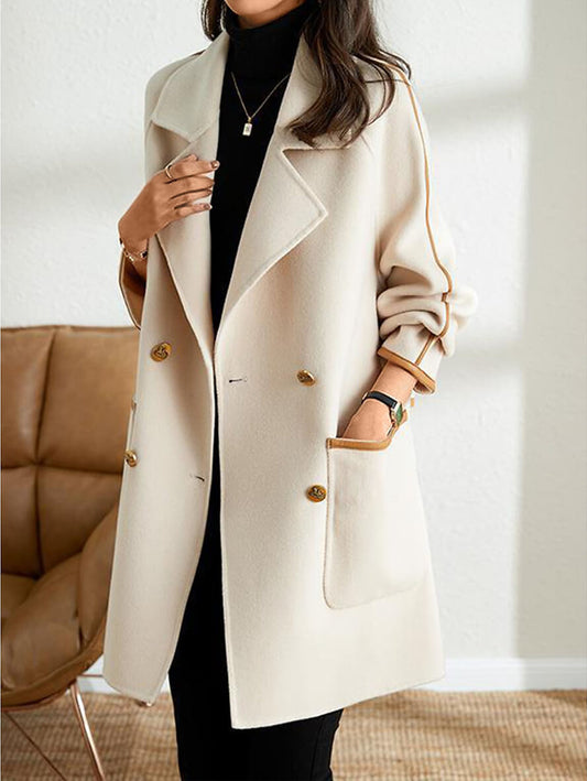 Inrosy mi-longue manteau en laine double boutonnage poches col revers manches longues femme élégant mode veste