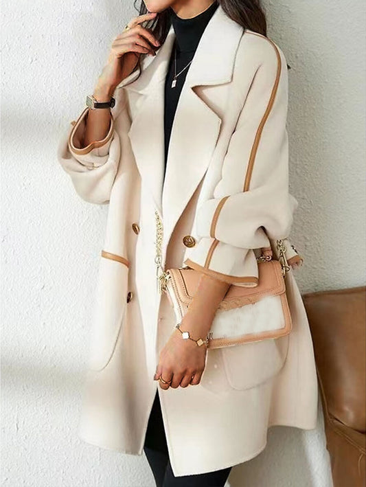 Inrosy mi-longue manteau en laine double boutonnage poches col revers manches longues femme élégant mode veste