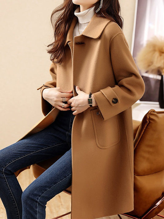 Inrosy mi-longue manteau en laine poches col revers manches longues femme élégant mode décontracté