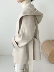 Inrosy mi-longue manteau en laine unicolore ceinture à capuche manches longues femme élégant décontracté veste