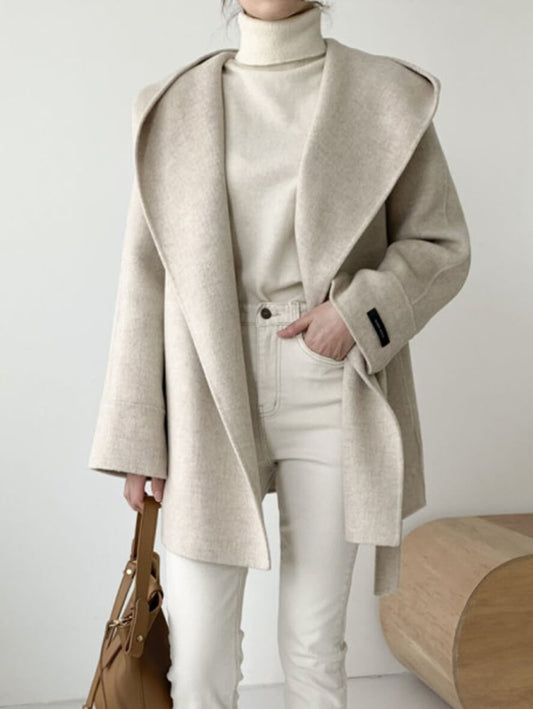 Inrosy mi-longue manteau en laine unicolore ceinture à capuche manches longues femme élégant décontracté veste