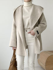 Inrosy mi-longue manteau en laine unicolore ceinture à capuche manches longues femme élégant décontracté veste