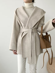 Inrosy mi-longue manteau en laine unicolore ceinture à capuche manches longues femme élégant décontracté veste