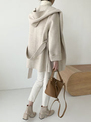 Inrosy mi-longue manteau en laine unicolore ceinture à capuche manches longues femme élégant décontracté veste