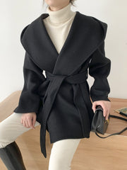 Inrosy mi-longue manteau en laine unicolore ceinture à capuche manches longues femme élégant décontracté veste