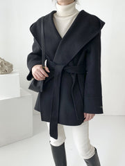 Inrosy mi-longue manteau en laine unicolore ceinture à capuche manches longues femme élégant décontracté veste