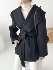 Inrosy mi-longue manteau en laine unicolore ceinture à capuche manches longues femme élégant décontracté veste