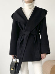 Inrosy mi-longue manteau en laine unicolore ceinture à capuche manches longues femme élégant décontracté veste