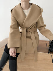 Inrosy mi-longue manteau en laine unicolore ceinture à capuche manches longues femme élégant décontracté veste