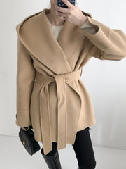 Inrosy mi-longue manteau en laine unicolore ceinture à capuche manches longues femme élégant décontracté veste