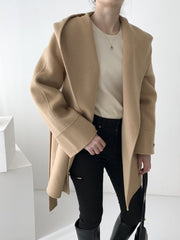 Inrosy mi-longue manteau en laine unicolore ceinture à capuche manches longues femme élégant décontracté veste