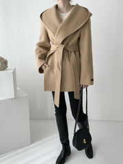 Inrosy mi-longue manteau en laine unicolore ceinture à capuche manches longues femme élégant décontracté veste