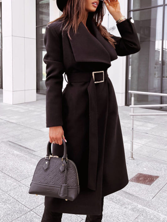 Inrosy mi-longue manteau en laine unicolore ceinture col revers manches longues femme casual élégant mode décontracté