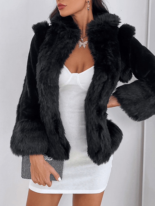 Inrosy court manteau en fausse fourrure unicolore manches longues femme élégant mode hiver veste noir