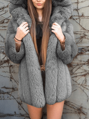 Inrosy manteau en fausse fourrure à capuche manches longues femme élégant mode décontracté hiver veste