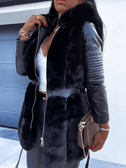 Inrosy mi-longue manteau en fausse fourrure simili cuir poches ceinture à capuche manches longues femme élégant mode hiver parka