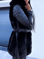 Inrosy mi-longue manteau en fausse fourrure simili cuir poches ceinture à capuche manches longues femme élégant mode hiver parka