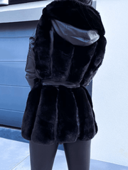 Inrosy mi-longue manteau en fausse fourrure simili cuir poches ceinture à capuche manches longues femme élégant mode hiver parka