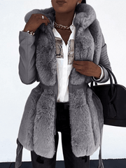 Inrosy mi-longue manteau en fausse fourrure simili cuir poches ceinture à capuche manches longues femme élégant mode hiver parka