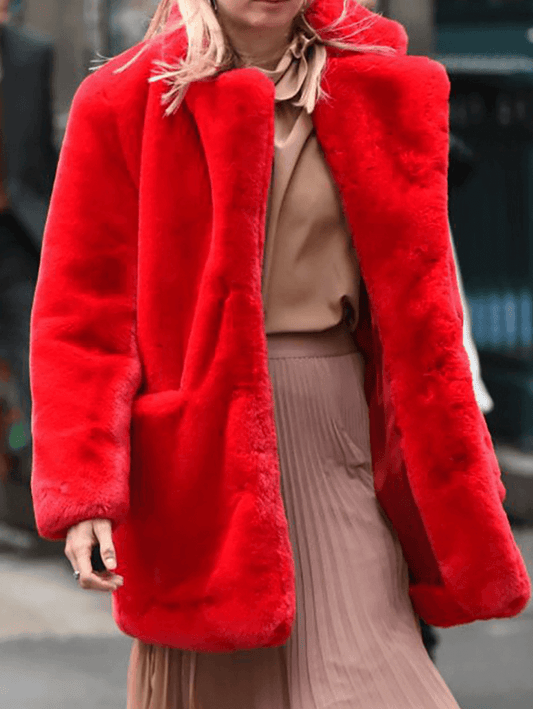 Inrosy mi-longue manteau en fausse fourrure boutons poches col revers manches longues femme ample hiver veste