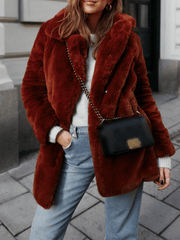 Inrosy mi-longue manteau en fausse fourrure boutons poches col revers manches longues femme ample hiver veste