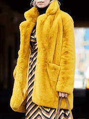 Inrosy mi-longue manteau en fausse fourrure boutons poches col revers manches longues femme ample hiver veste