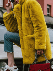 Inrosy mi-longue manteau en fausse fourrure boutons poches col revers manches longues femme ample hiver veste