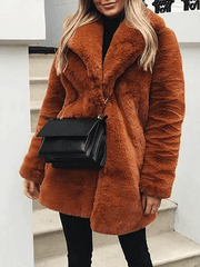 Inrosy mi-longue manteau en fausse fourrure boutons poches col revers manches longues femme ample hiver veste