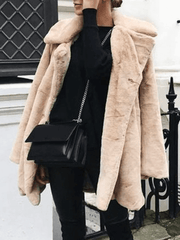 Inrosy mi-longue manteau en fausse fourrure boutons poches col revers manches longues femme ample hiver veste