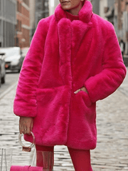 Inrosy mi-longue manteau en fausse fourrure boutons poches col revers manches longues femme ample hiver veste