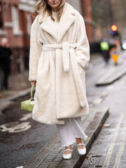 Inrosy longue manteau en fausse fourrure de lapin ceinture col revers manches longues femme élégant lâche oversized décontracté