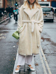 Inrosy longue manteau en fausse fourrure de lapin ceinture col revers manches longues femme élégant lâche oversized décontracté