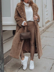 Inrosy longue manteau en fausse fourrure de lapin ceinture col revers manches longues femme élégant lâche oversized décontracté