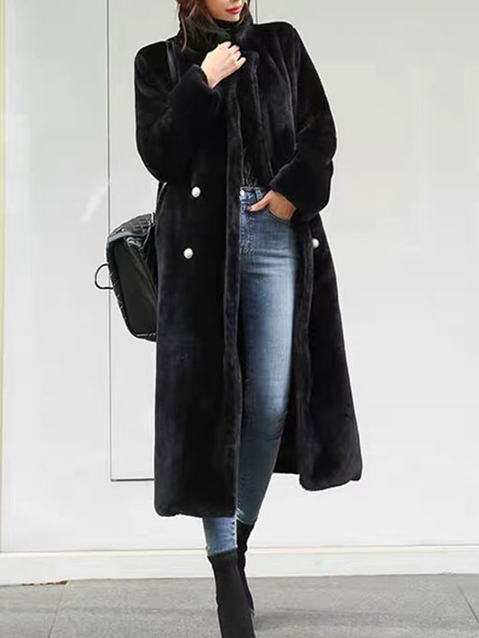 Inrosy longue manteau en fausse fourrure double boutonnage ceinture col revers manches longues femme élégant oversized décontracté veste