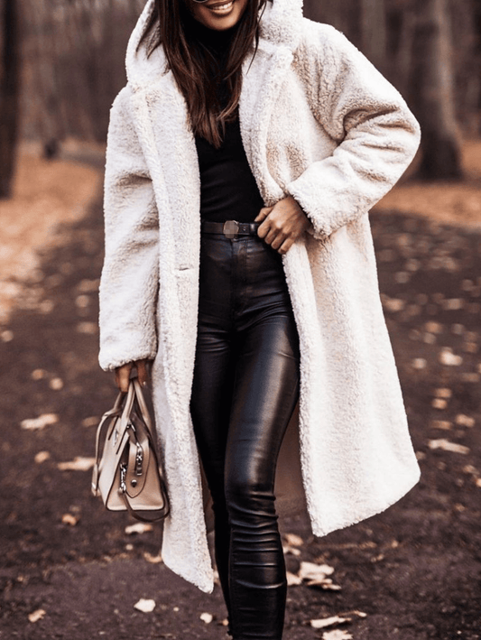 Inrosy longue manteau teddy coat boutons poches à capuche manches longues femme mode ample oversized décontracté hiver