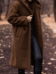 Inrosy longue manteau teddy coat boutons poches à capuche manches longues femme mode ample oversized décontracté hiver