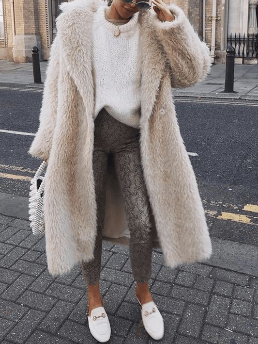 Inrosy longue manteau en fausse fourrure boutons col revers manches longues élégant mode décontracté femme beige